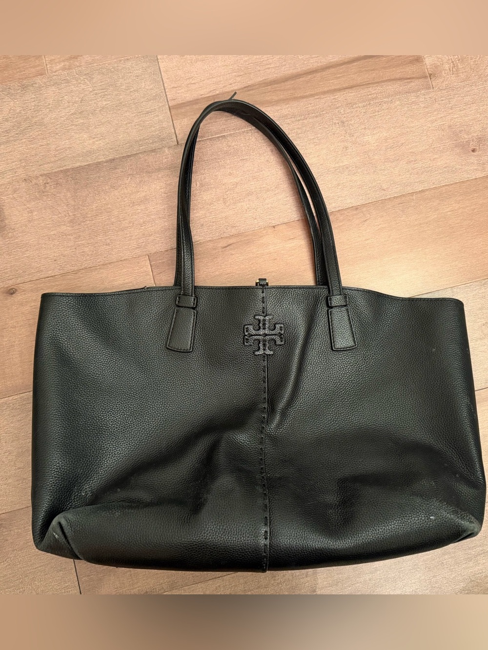 Tory Burch Black Pebbled Leather Tote with Logo